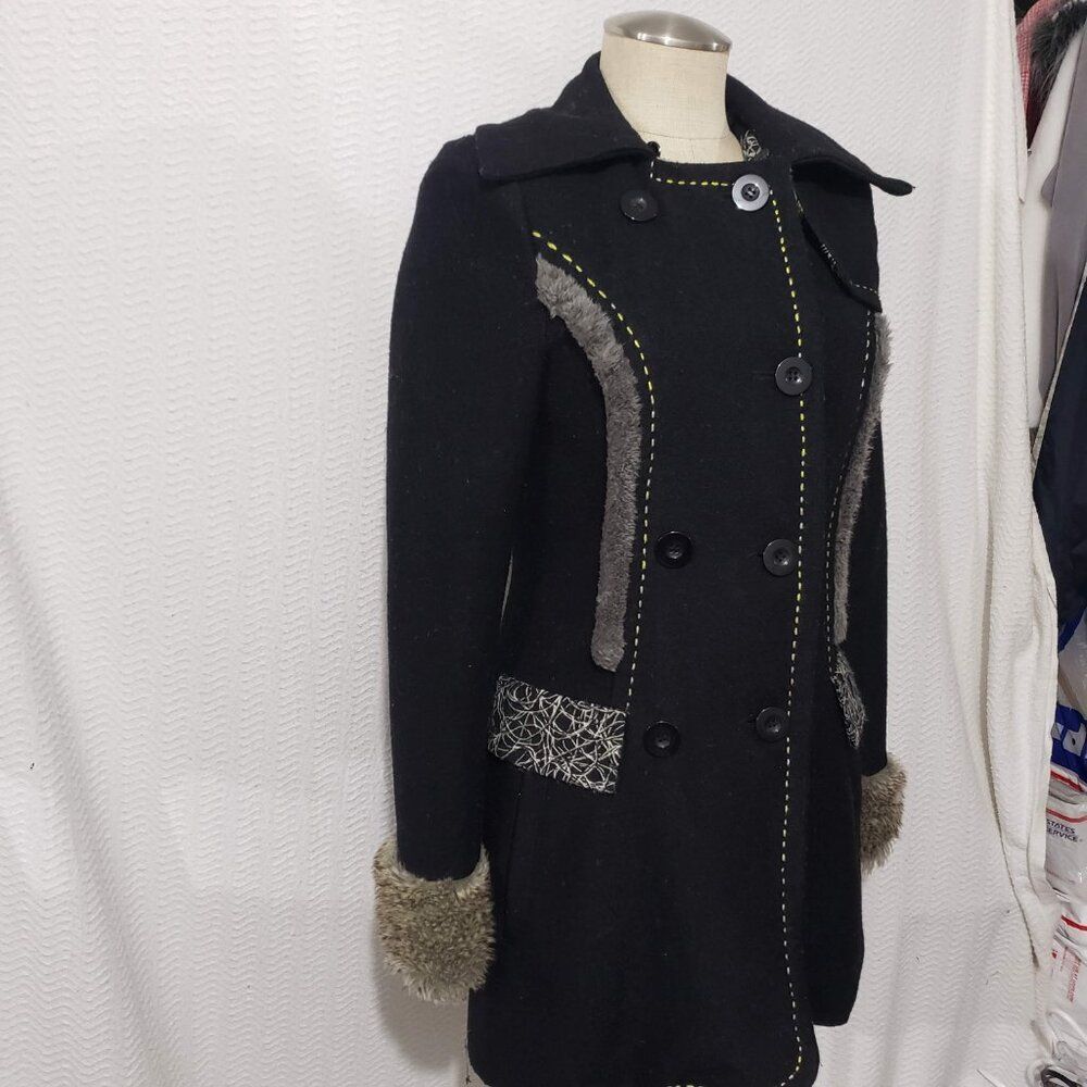 BKE Black Double Breasted Pea Coat Faux Fur S - Picture 4 of 12